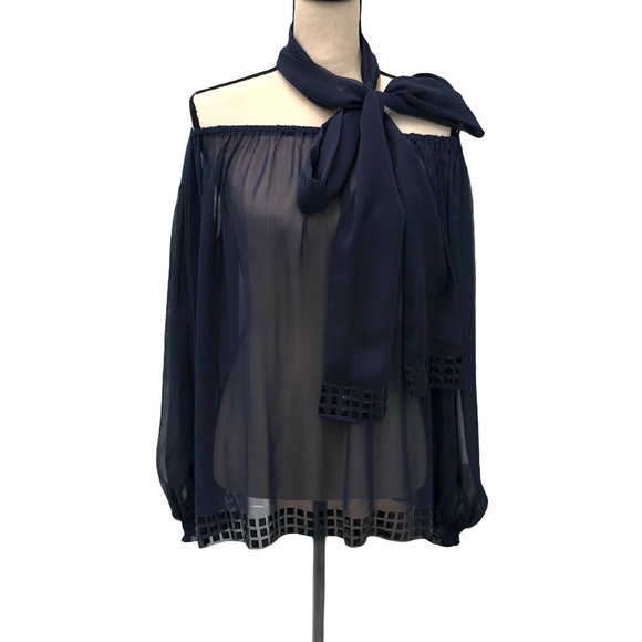 VIE TA VIE NAVY SALLY BLOUSE OFF-THE-SHOULDER SEMI SHEER TOP WITH SCARF/BELT - Picture 1 of 14